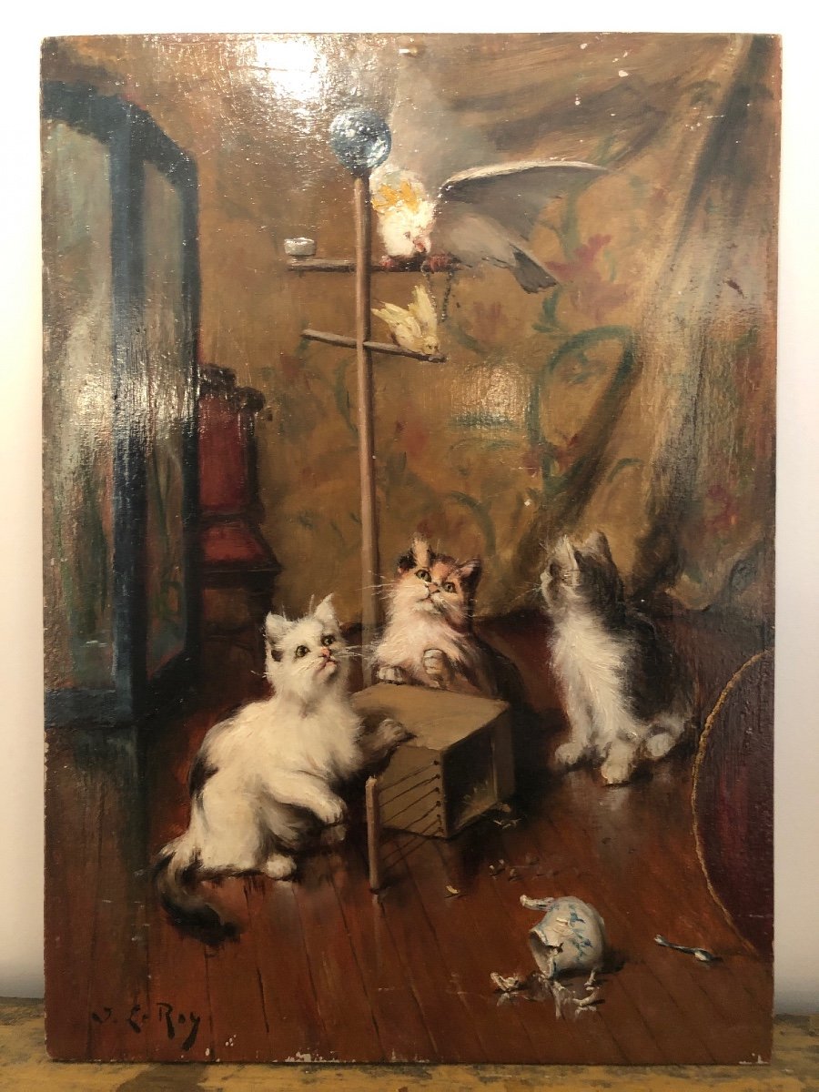 Huile Sur Panneau Représentant Des Chats Par Jules Gustave Le Roy