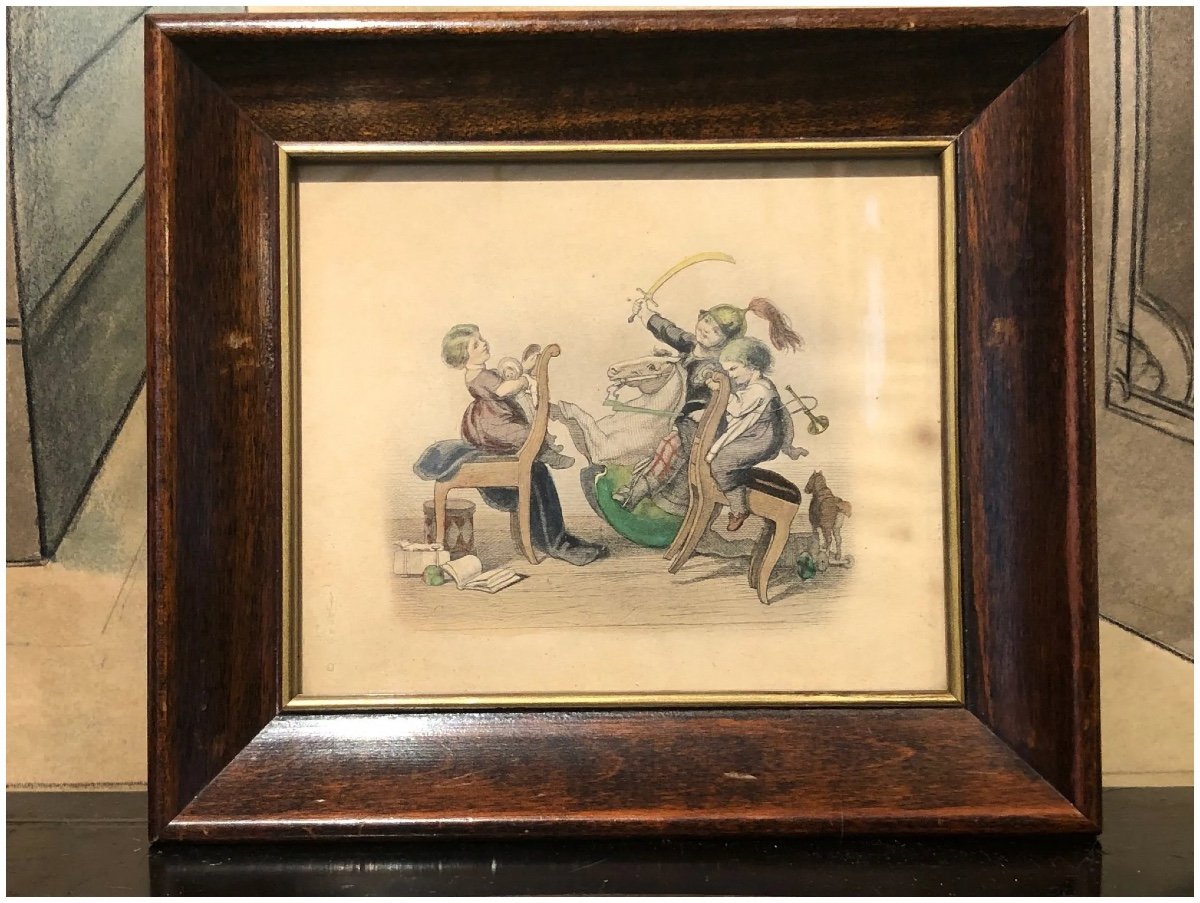 Early French Print From The Mid 19th Century “children At Play”