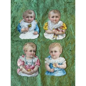 Set Of Die-cut Victorian Scraps Representing 4 Babies