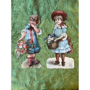 2 Big Die-cut Victorian Scraps Representing 2 Girls With Flowers