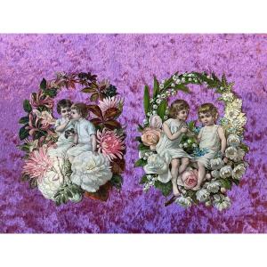 Pair Of Die-cut Victorian Scraps Representing Young Children Surrounding By Flowers