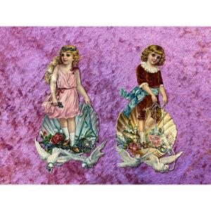 Pair Of Victorian Chromos Depicting Young Children With Doves