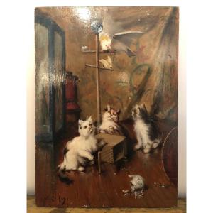 Huile Sur Panneau Représentant Des Chats Par Jules Gustave Le Roy