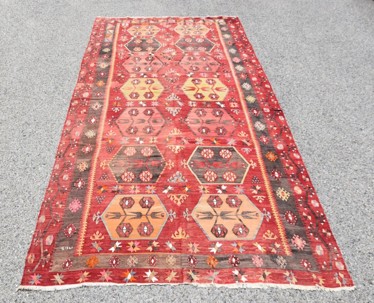 Grand Tapis Kilim Anatolien ARAS - Turc : 3.75 x 1.75 Mètres-photo-3