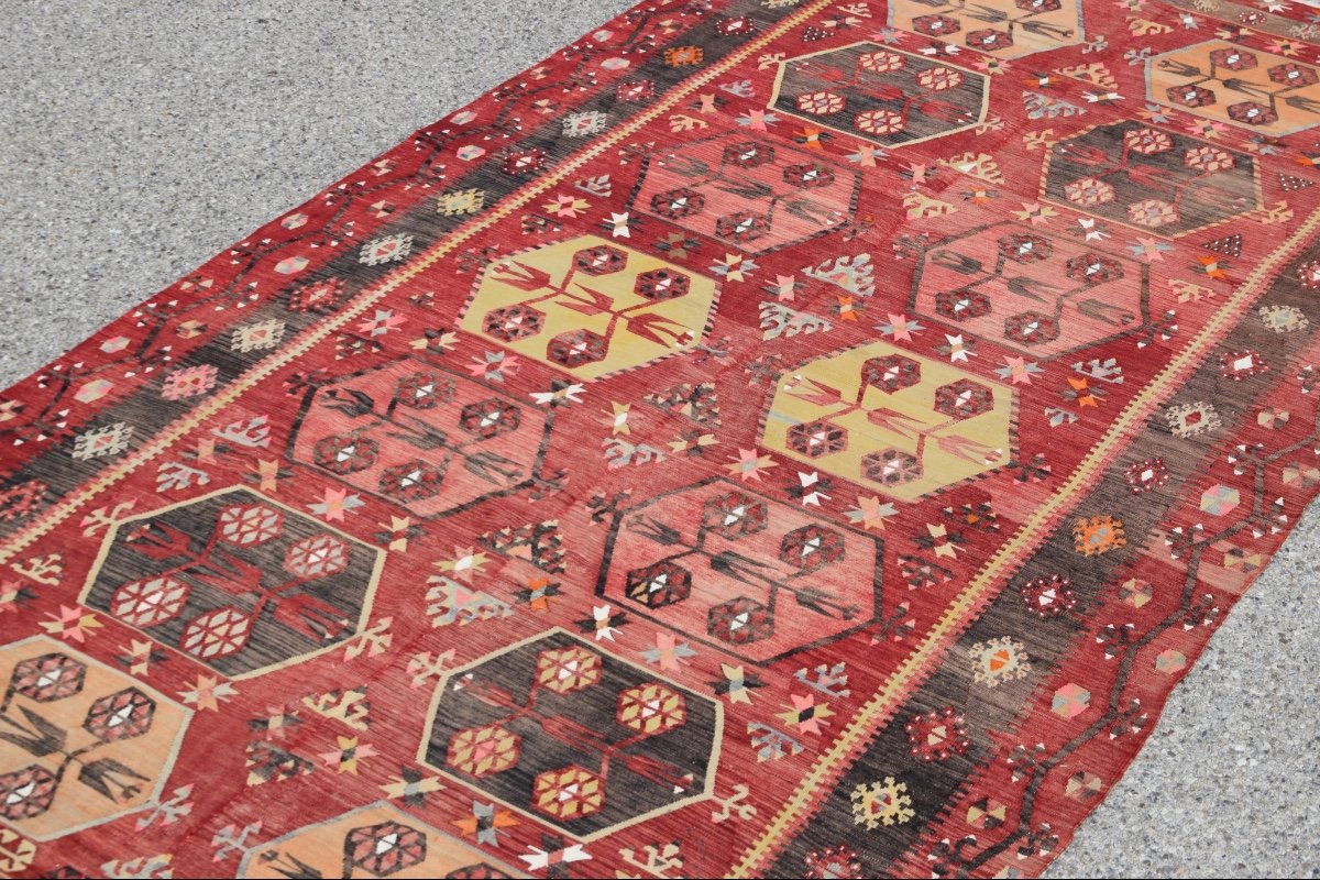 Grand Tapis Kilim Anatolien ARAS - Turc : 3.75 x 1.75 Mètres-photo-3