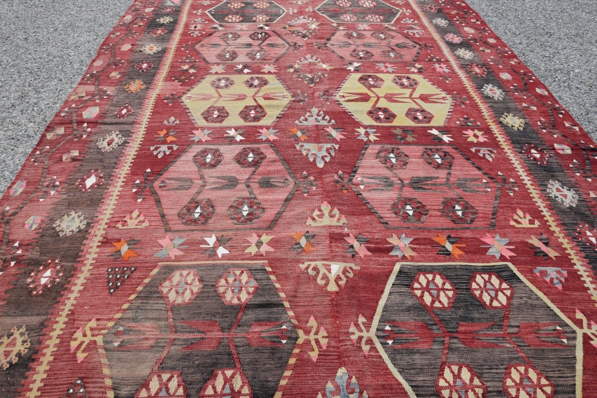 Grand Tapis Kilim Anatolien ARAS - Turc : 3.75 x 1.75 Mètres-photo-4