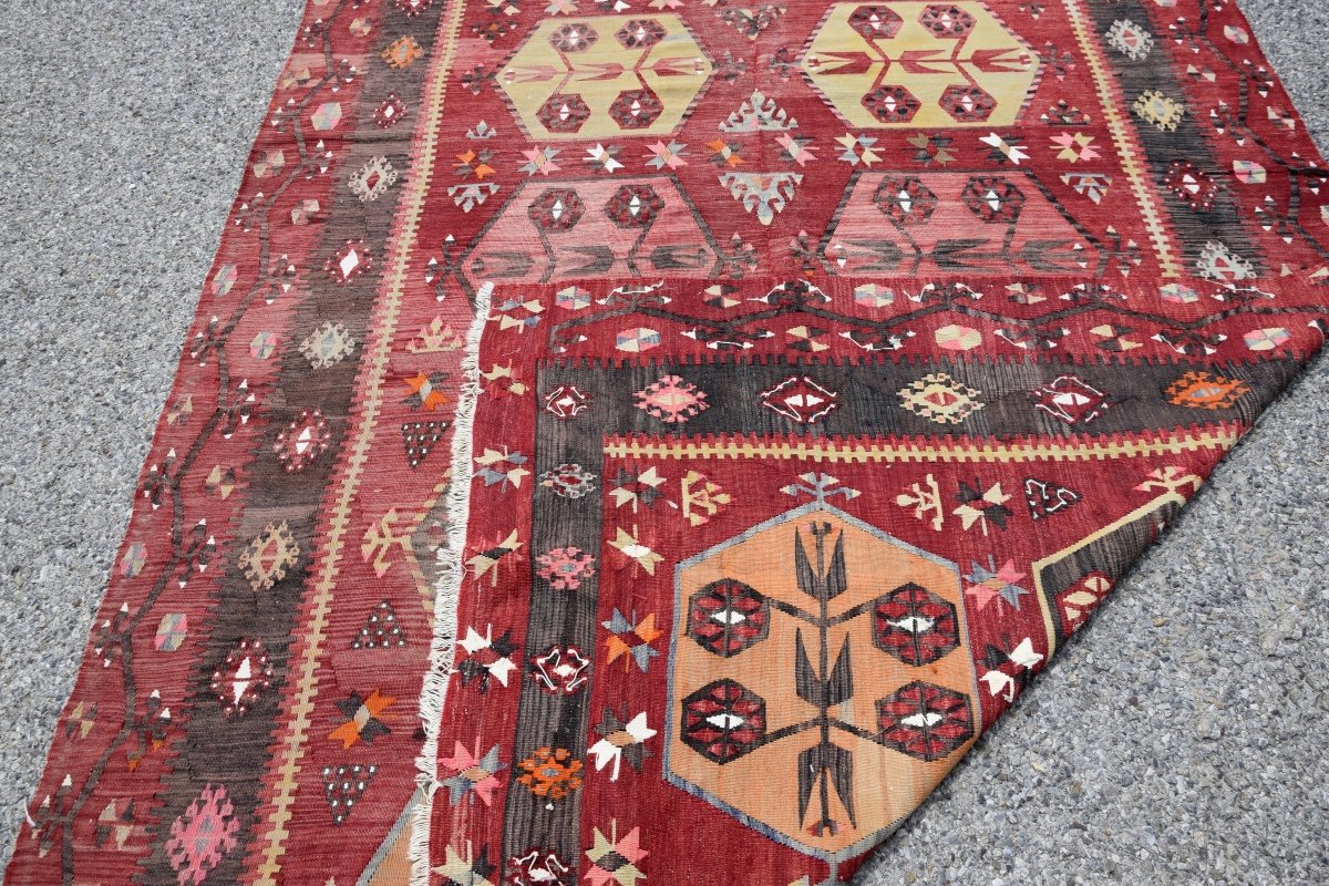 Grand Tapis Kilim Anatolien ARAS - Turc : 3.75 x 1.75 Mètres-photo-8