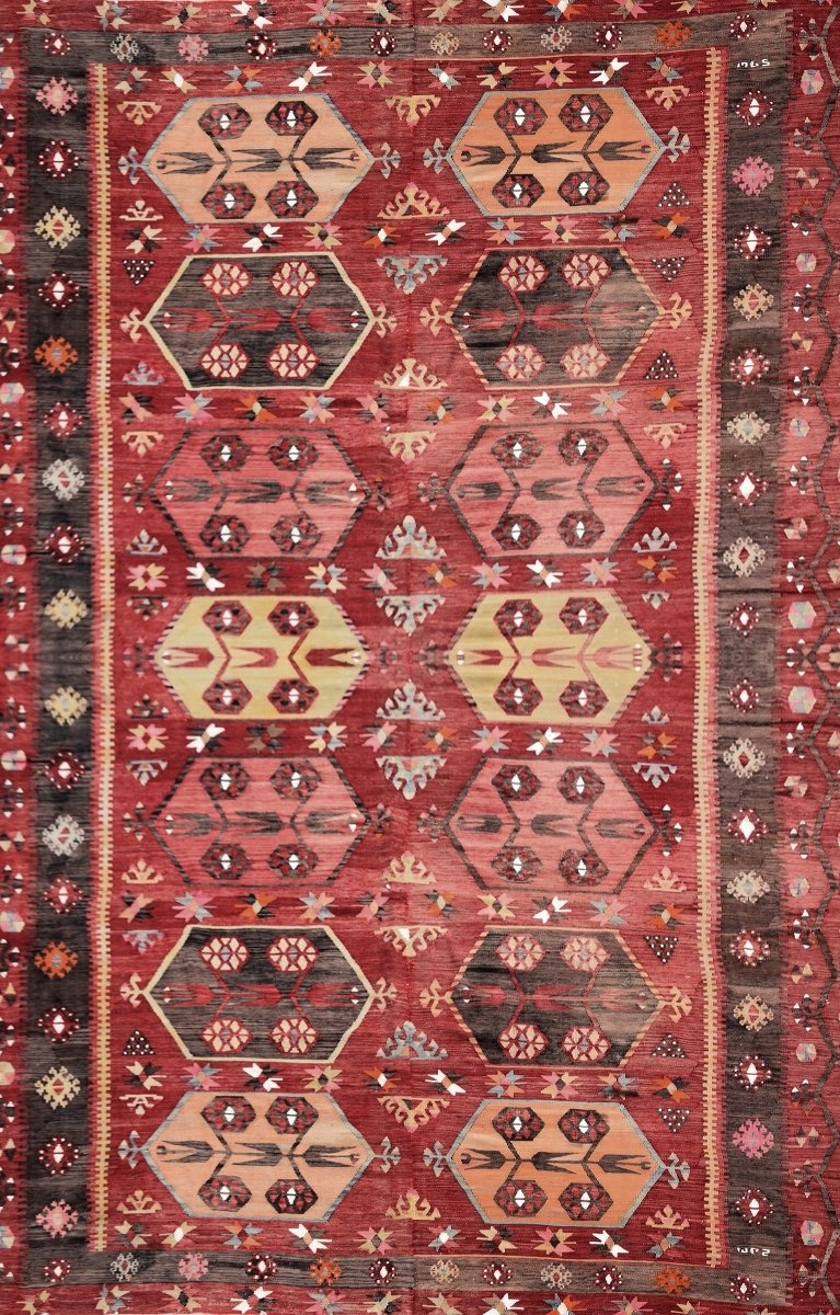 Grand Tapis Kilim Anatolien ARAS - Turc : 3.75 x 1.75 Mètres