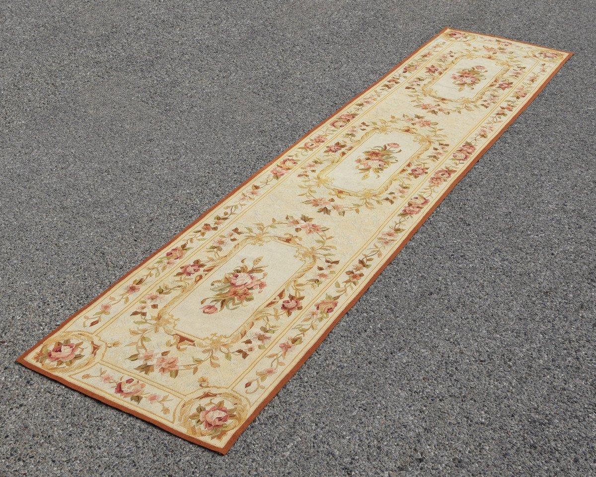 Large Aubusson Style Hallway Rug: 3.57 X 0.75 Meters --photo-3