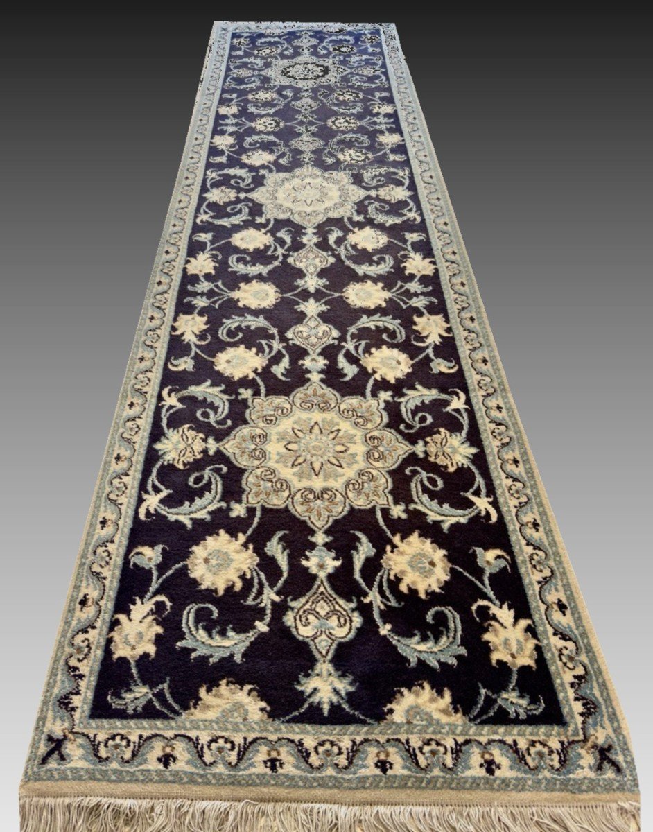 Tapis de couloir d'Orient Iran Naïn Laine Et Soie : 0.77 X 2.94 Mètres 