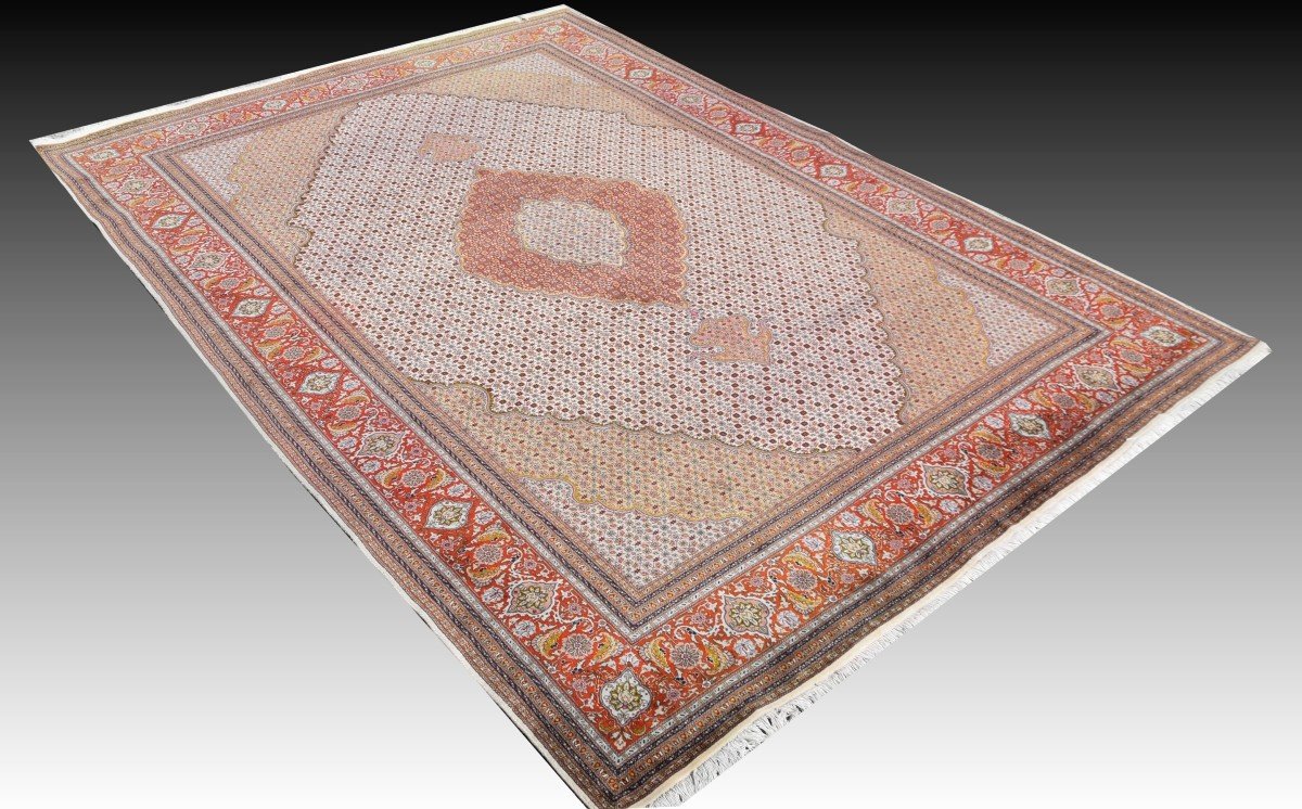 Grand Tapis d'Orient Tabriz Iran Laine Et Soie: 3.59 x 2.52 Mètres -photo-4