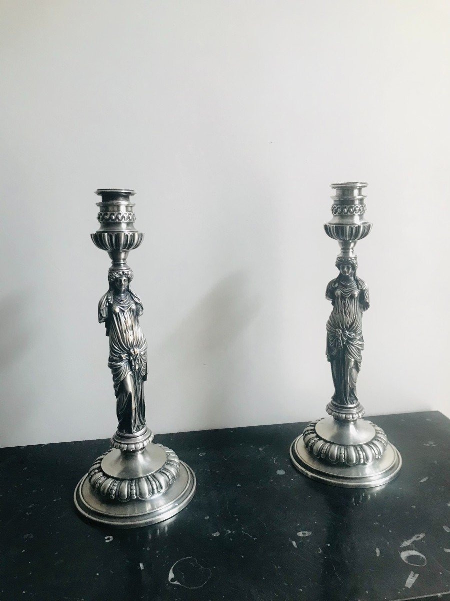 Pair Of Candlesticks In Silver Bronze - F. Barbedienne-photo-2