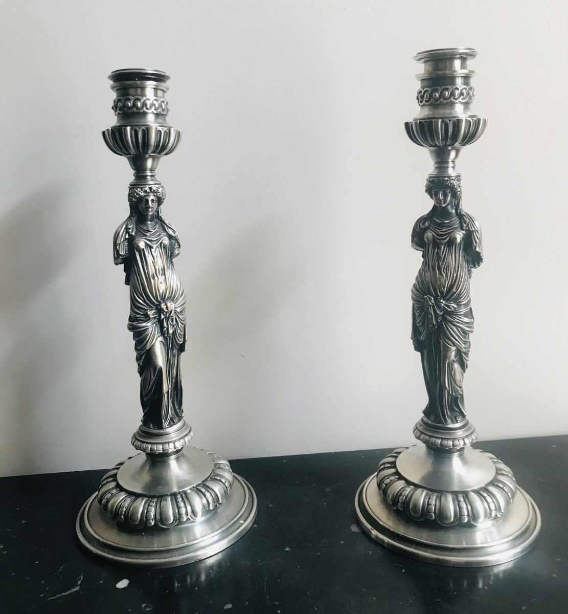 Pair Of Candlesticks In Silver Bronze - F. Barbedienne