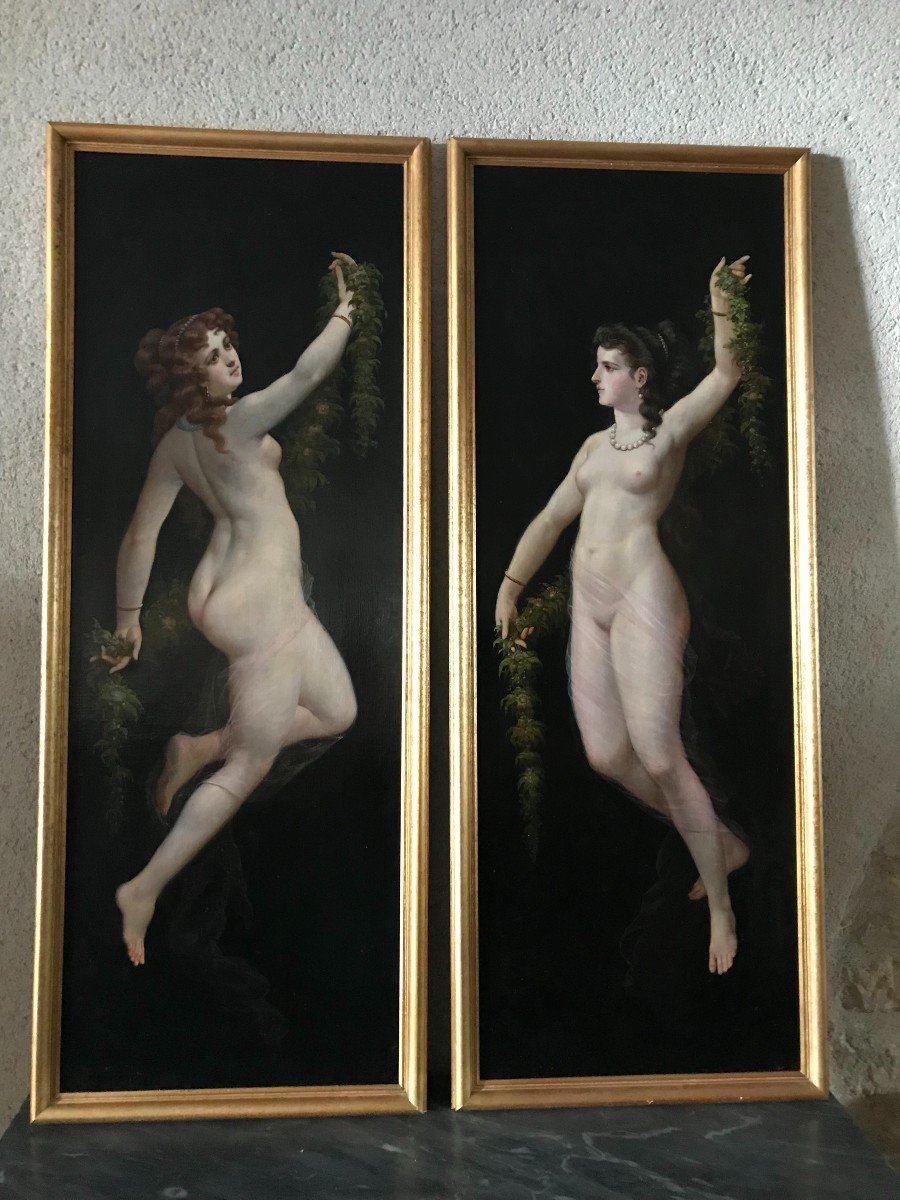 Two Oils On Canvas (nude With Sheaves Of Flowers) Napoleon III Period-photo-1