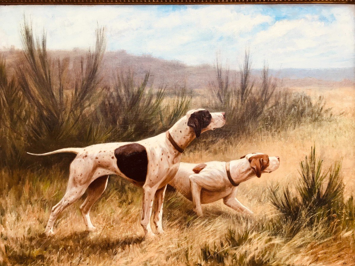 Setters At A Stop By Henry Thevenin - Oil On Canvas-photo-1