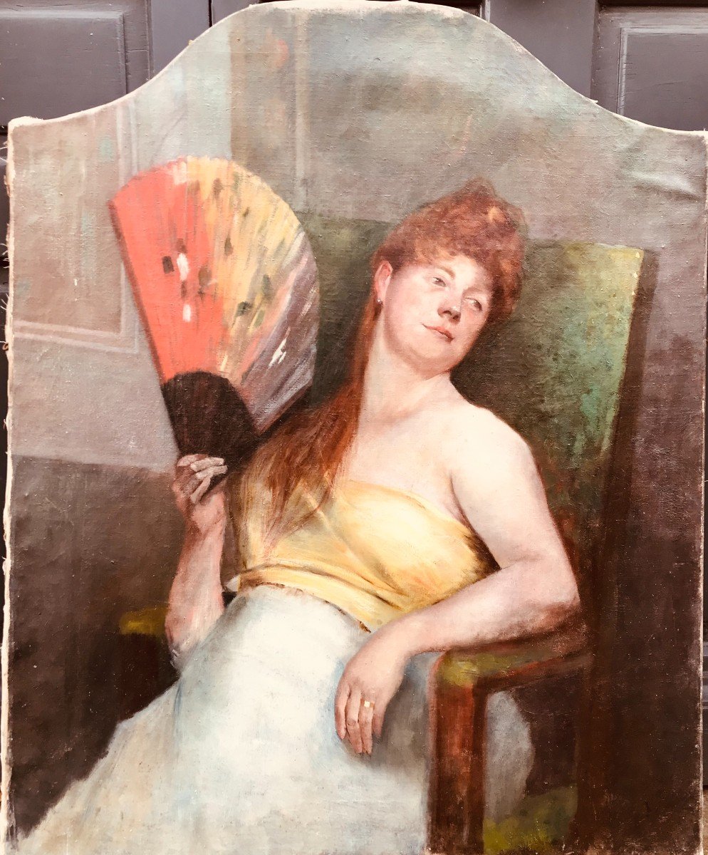 Oil On Canvas Lady With A Fan, 1900 Period