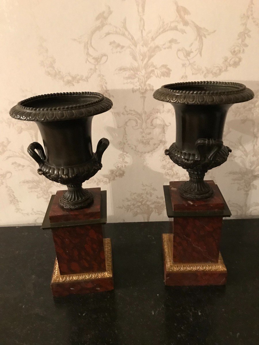 Pair Of Bronze Cassolettes With Medici Vases 19th Century-photo-2