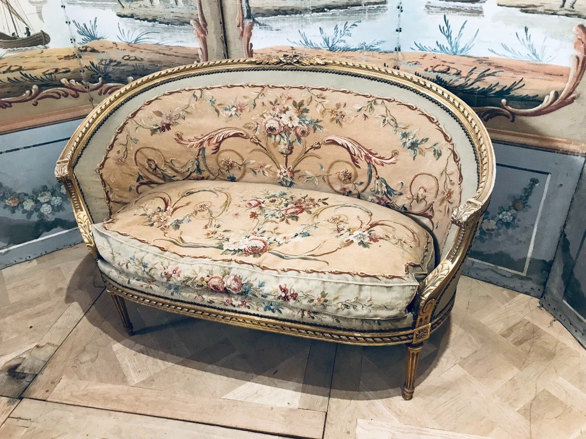 Louis XVI Style Sofa - 19th Century Petit Point Tapestry-photo-1