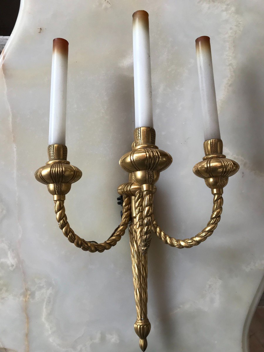 Pair Of Rope Style Bronze Sconces Early 20th Century-photo-2