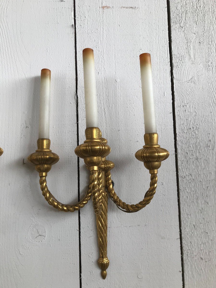 Pair Of Rope Style Bronze Sconces Early 20th Century-photo-4