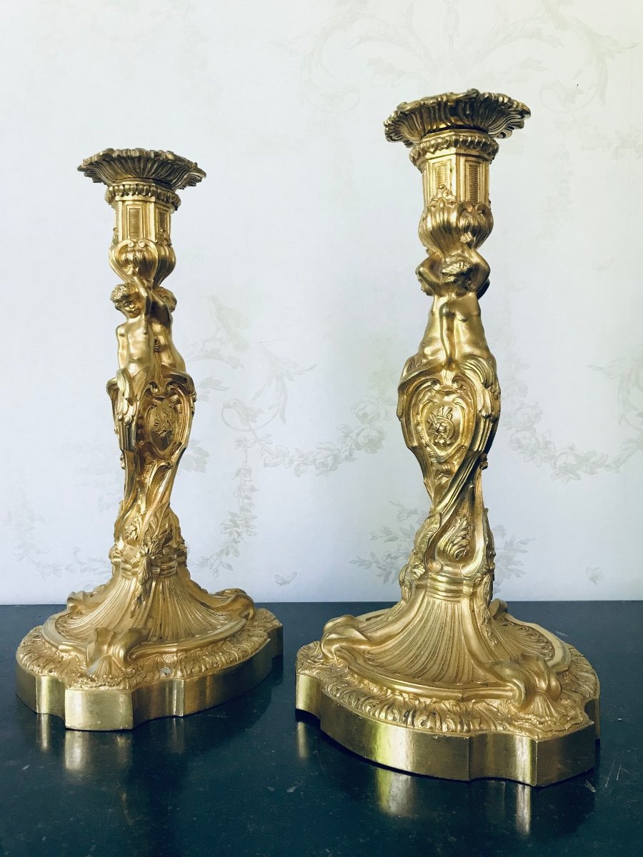 Pair Of Bronze Candlesticks Signed H. Picard 1840-1890