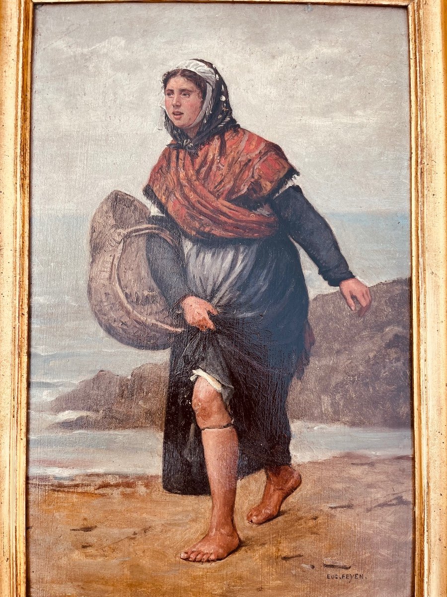 Oil On Panel - The Shell Collector By Eugène Feyen-photo-4