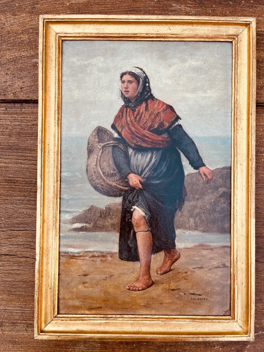 Oil On Panel - The Shell Collector By Eugène Feyen-photo-6