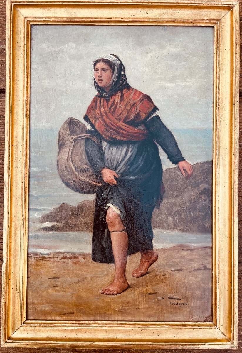 Oil On Panel - The Shell Collector By Eugène Feyen