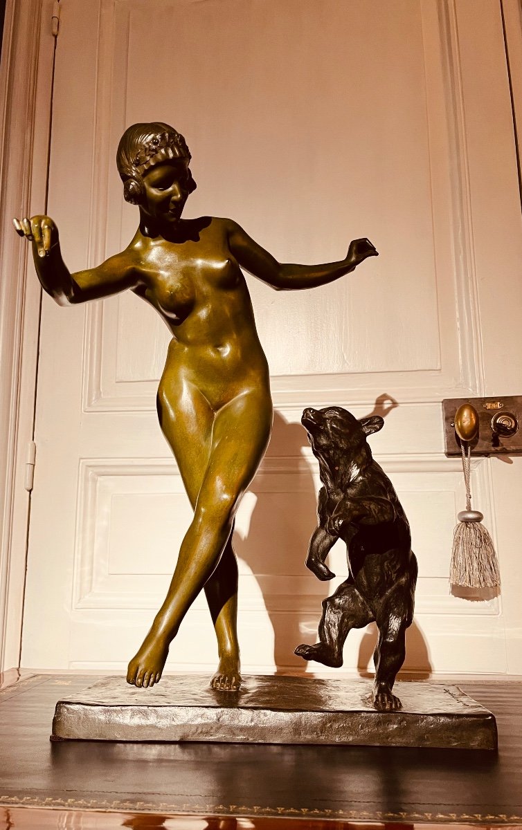 Bronze - Woman Dancing With A Teddy Bear Signed Jean Verschneider