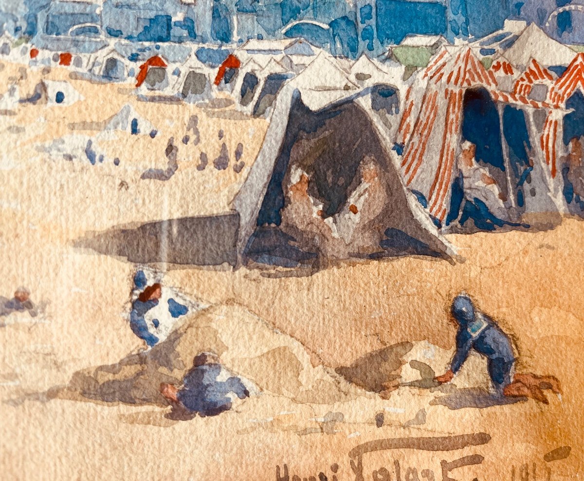 The Beach Watercolor On Paper Signed Henri Tolart-photo-3