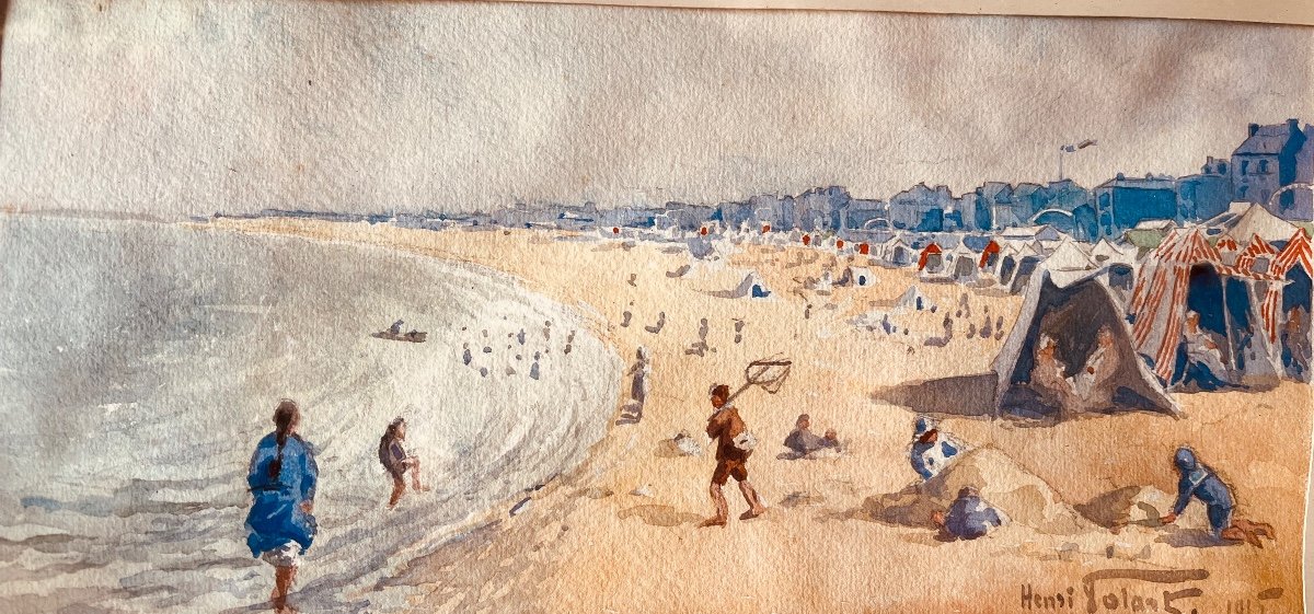 The Beach Watercolor On Paper Signed Henri Tolart-photo-1