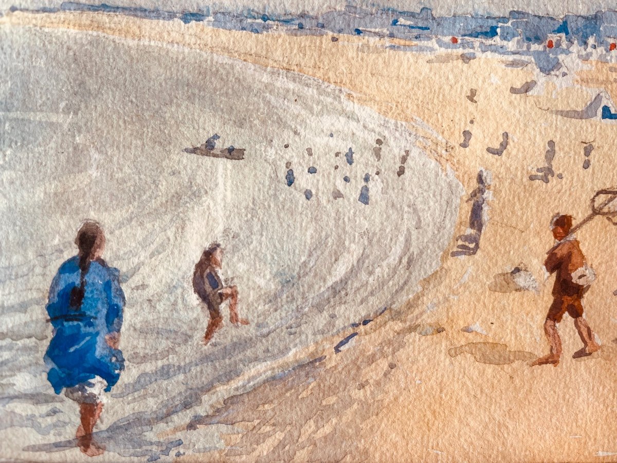 La Plage Aquarelle Sur Papier Signée  Henri Tolart-photo-3