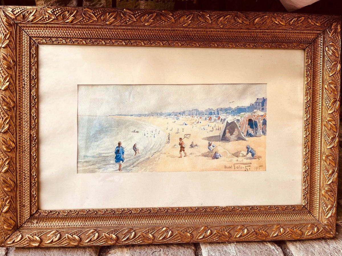 The Beach Watercolor On Paper Signed Henri Tolart-photo-4