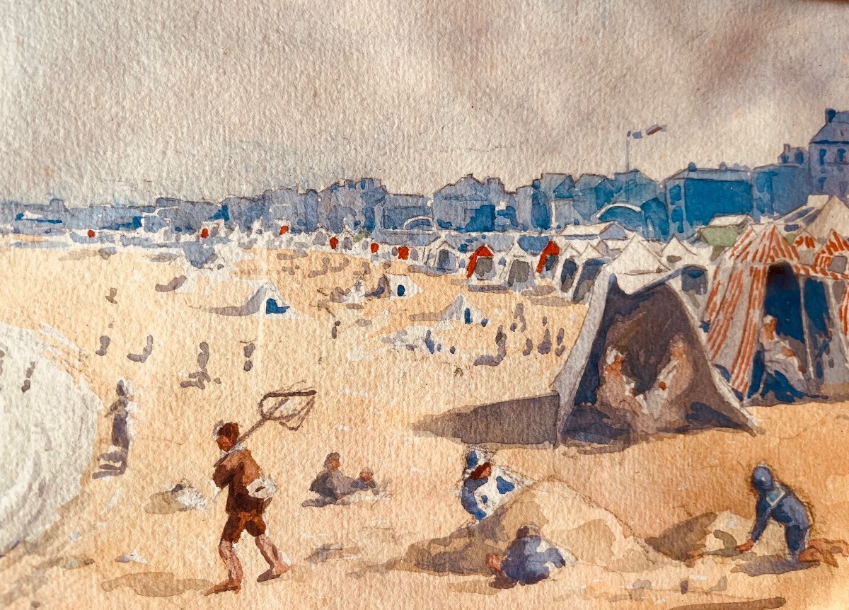 The Beach Watercolor On Paper Signed Henri Tolart-photo-5