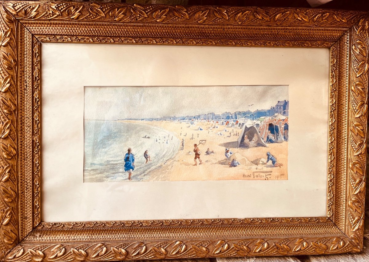 The Beach Watercolor On Paper Signed Henri Tolart