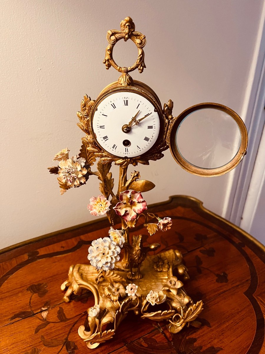 Gilt Bronze Rocaille Clock With Rooster And Soft Paste Flower 18th Century -photo-2