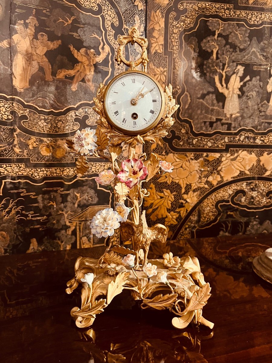 Gilt Bronze Rocaille Clock With Rooster And Soft Paste Flower 18th Century -photo-8