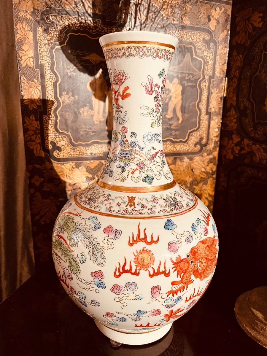 Vase En Porcelaine à Décor Chinois - Le Dragon Et La Perle XXe-photo-1