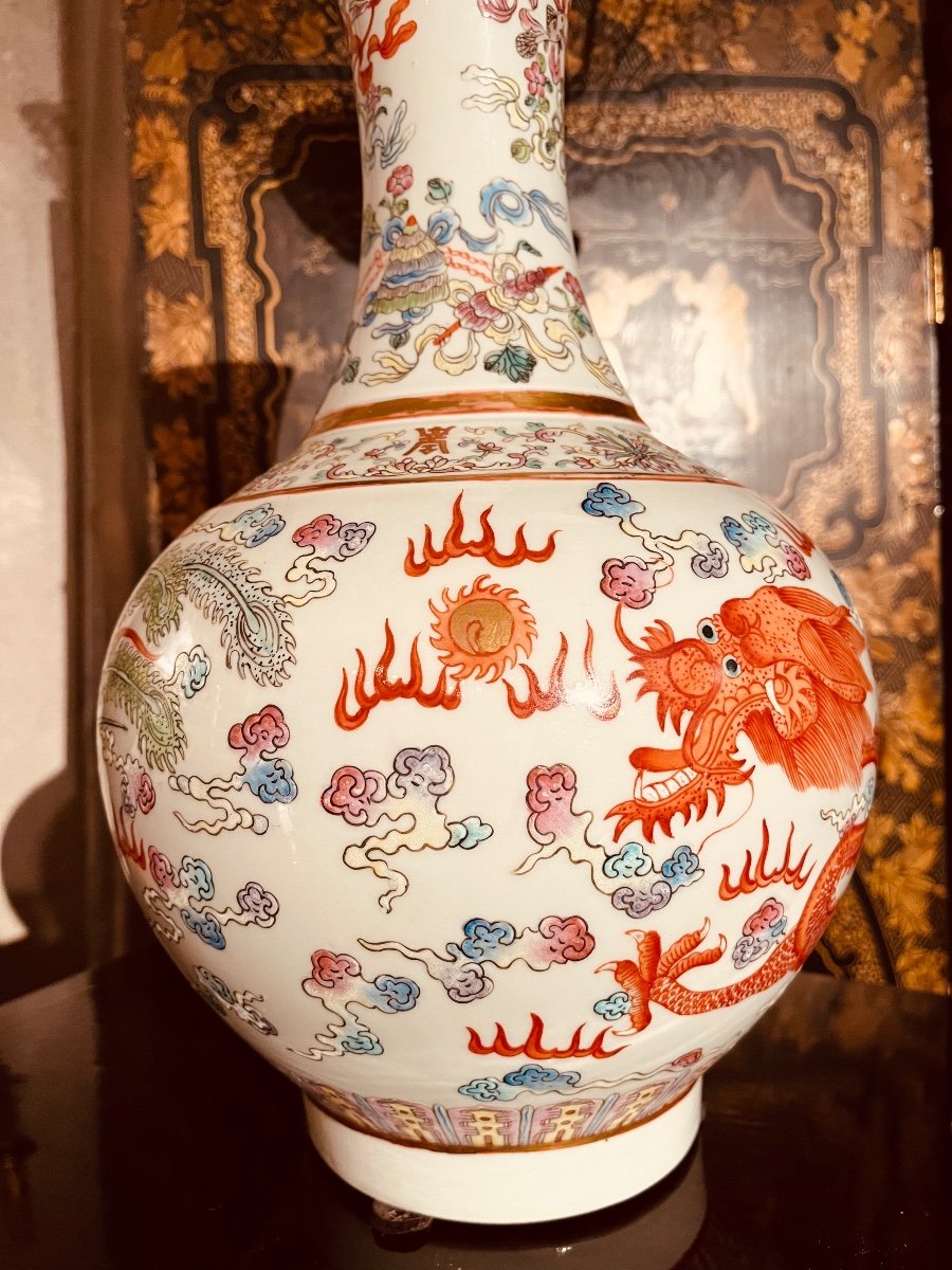 Vase En Porcelaine à Décor Chinois - Le Dragon Et La Perle XXe-photo-4