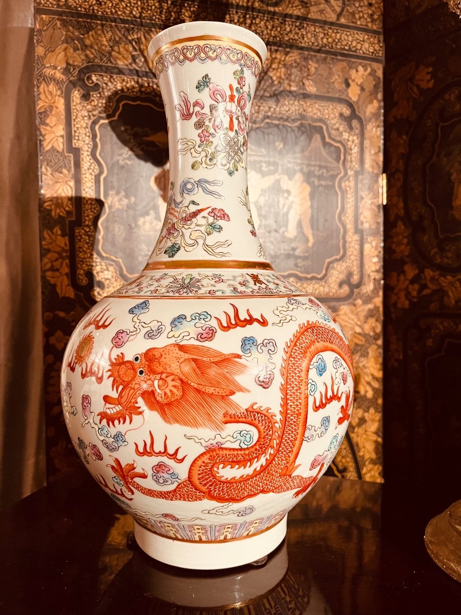 Vase En Porcelaine à Décor Chinois - Le Dragon Et La Perle XXe-photo-6