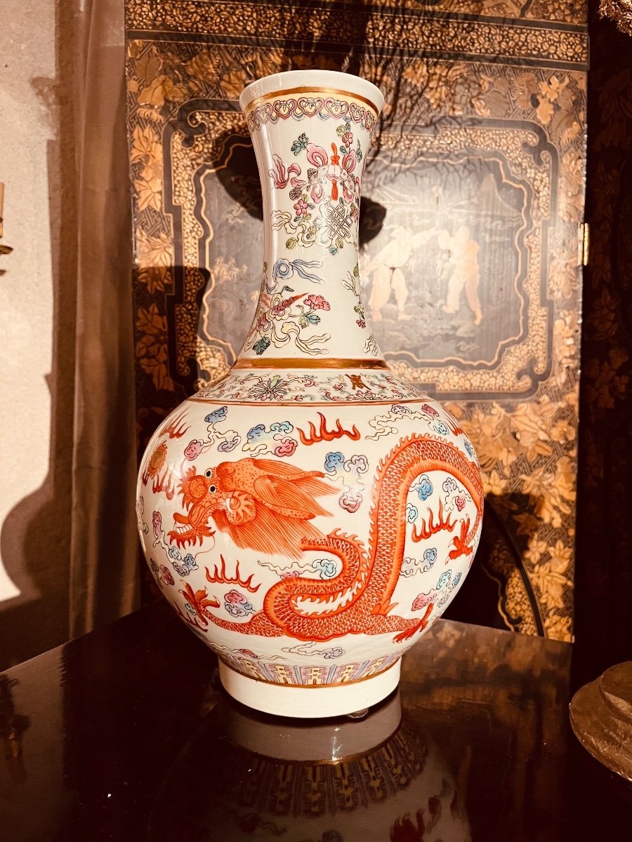 Vase En Porcelaine à Décor Chinois - Le Dragon Et La Perle XXe-photo-7