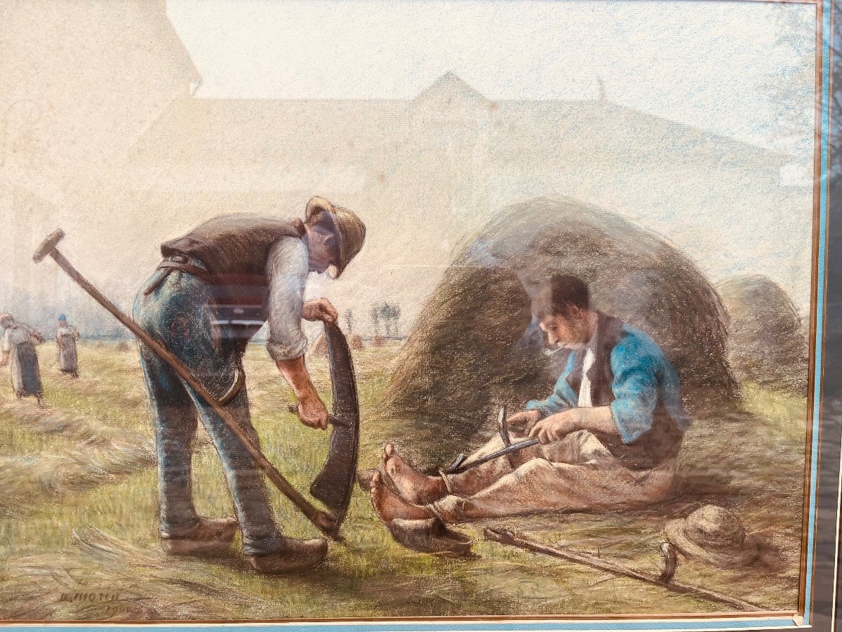 Pastel By Adophe Morin - The Scythe Sharpeners 1900-photo-2