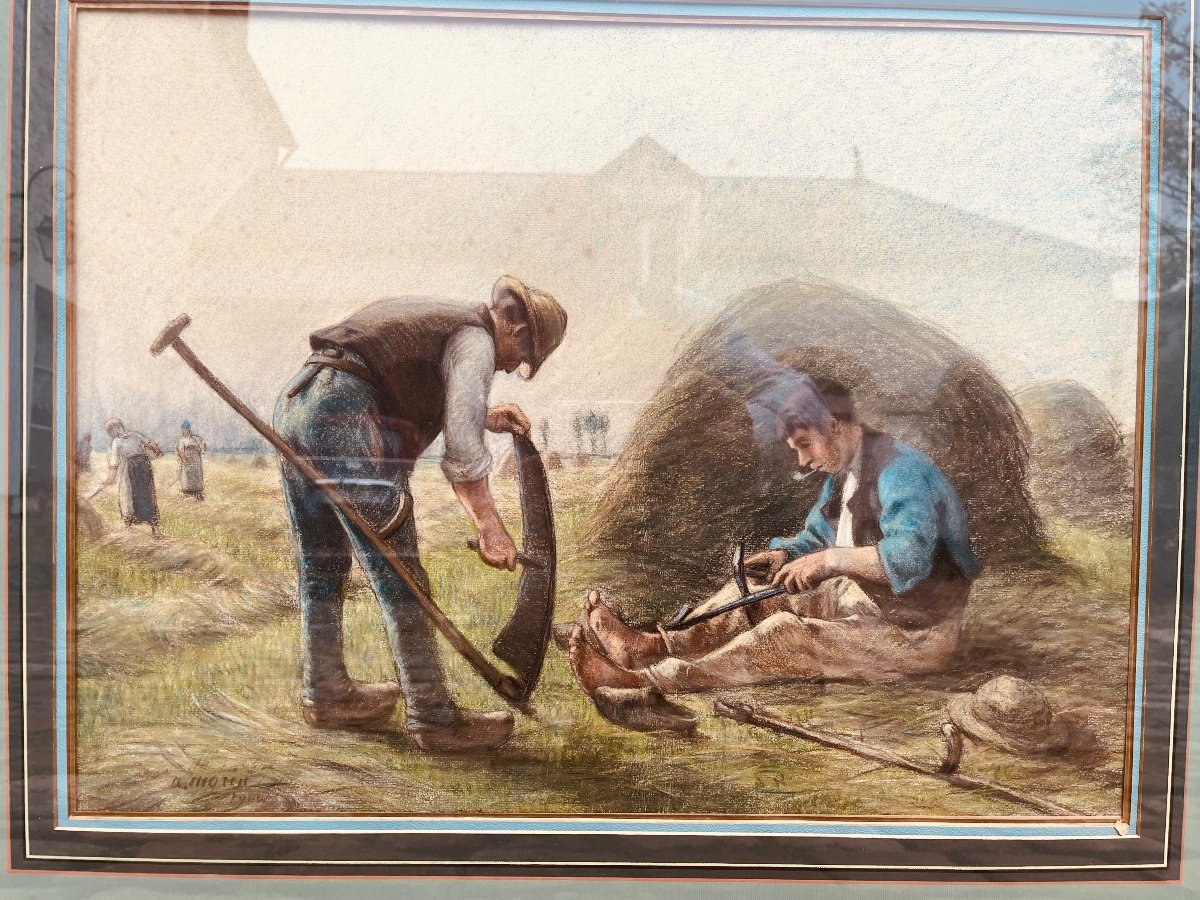 Pastel By Adophe Morin - The Scythe Sharpeners 1900-photo-4