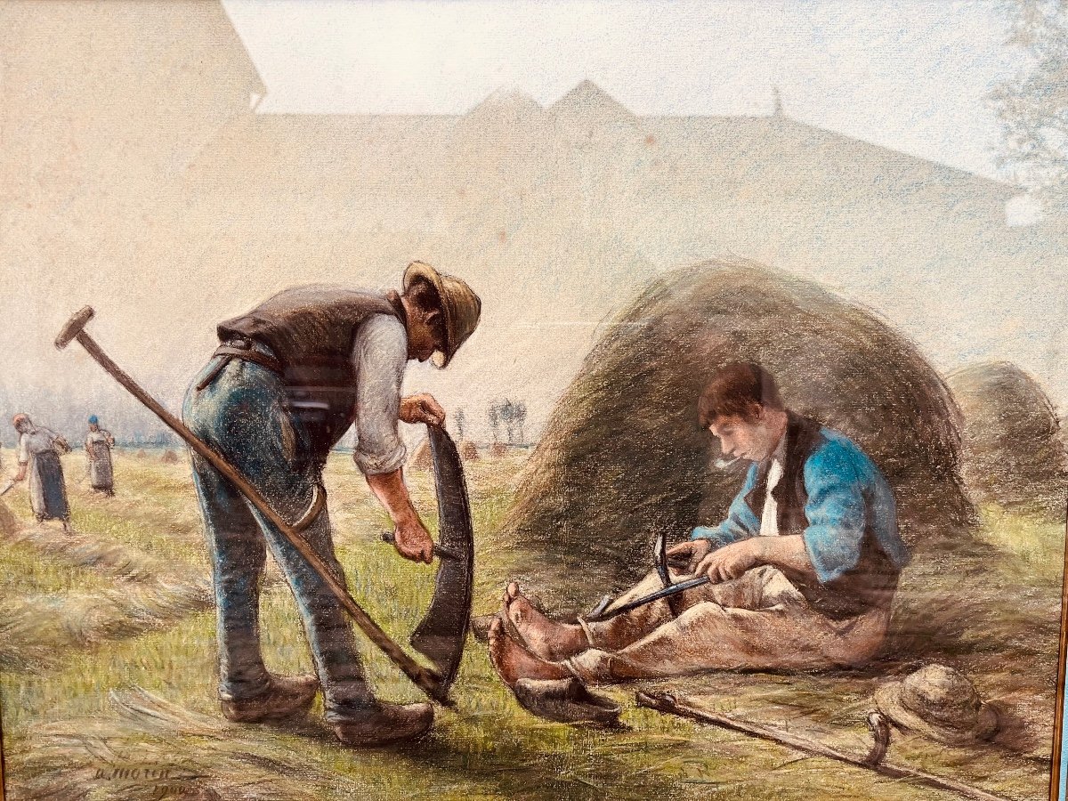 Pastel By Adophe Morin - The Scythe Sharpeners 1900-photo-4