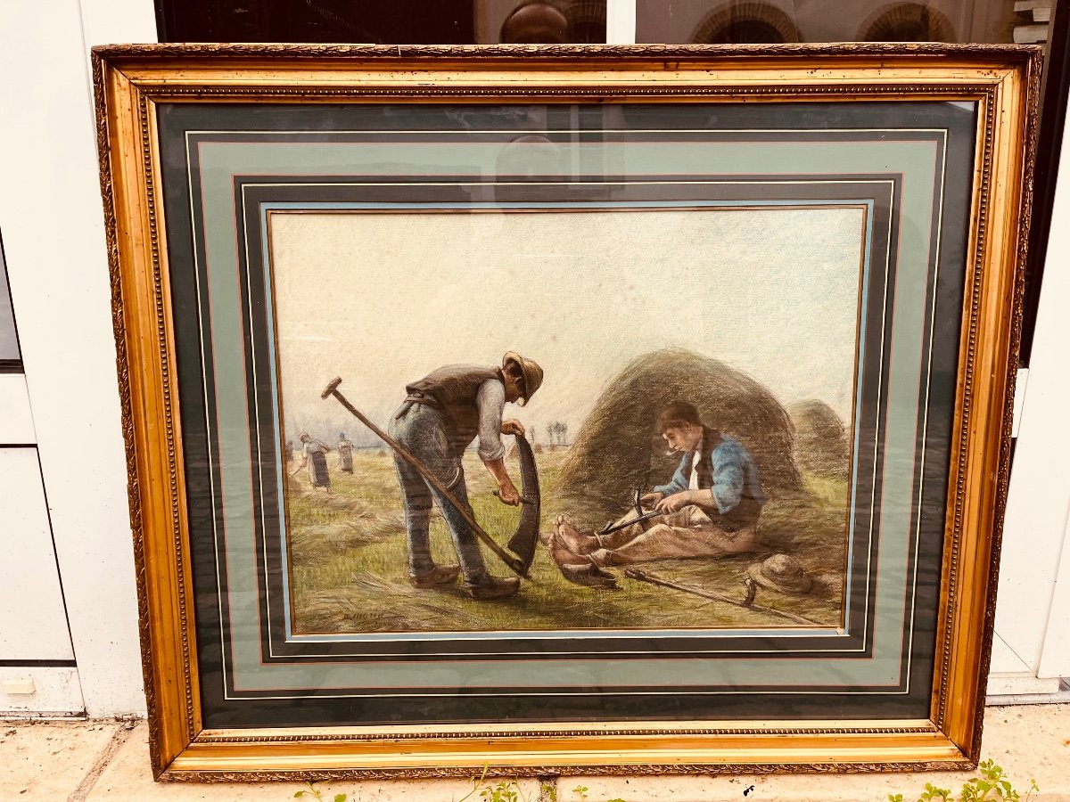 Pastel By Adophe Morin - The Scythe Sharpeners 1900-photo-5