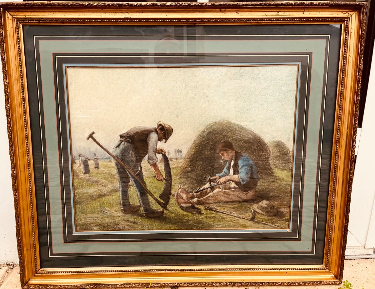 Pastel By Adophe Morin - The Scythe Sharpeners 1900