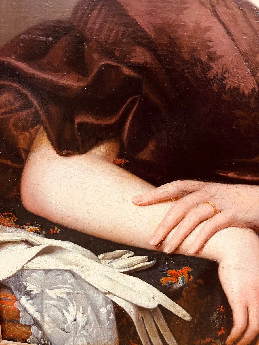 Jeune Femme Aux Gants - Huile Sur Toile XIX e-photo-3