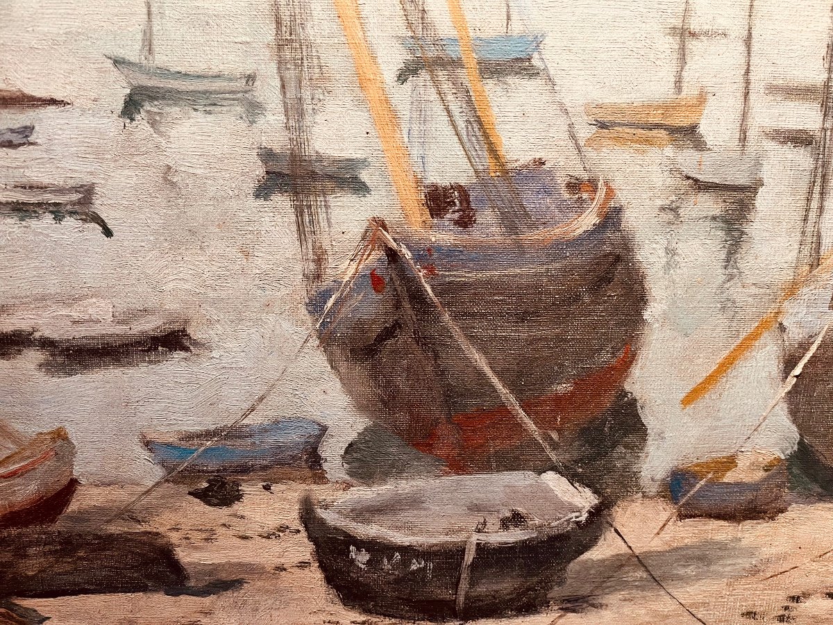 Boats At Anchor By M Moisset - Oil On Canvas-photo-2