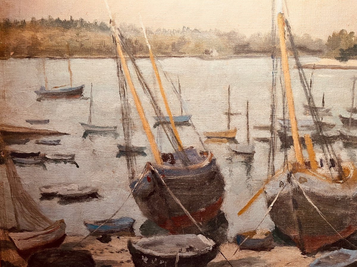 Boats At Anchor By M Moisset - Oil On Canvas-photo-3