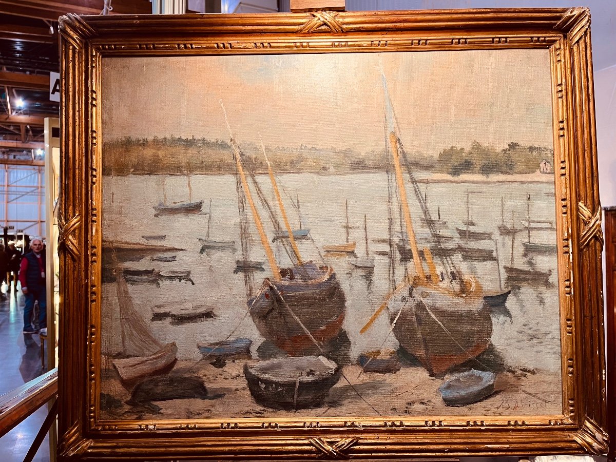 Boats At Anchor By M Moisset - Oil On Canvas-photo-1